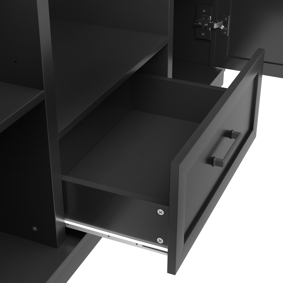 variant-group:rf-n724sj000140aab|Roomfitters 85.2" Hall Tree with Bench, 3 Hooks, 4 Doors, 1 Drawer and Adjustable Storage Shelves, Black