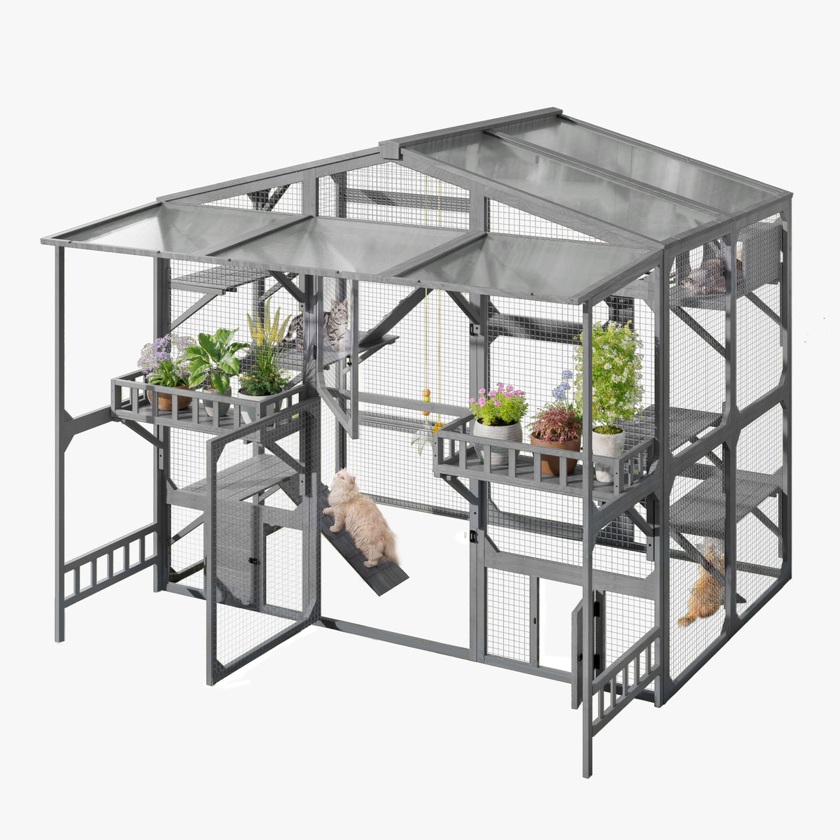 variant-group:rf-n704g201620e|Roomfitters Extra Large Wood Catio Cat Cage Outdoor Kennel with Transparent Sunroof and Dual Storage Shelves Gray