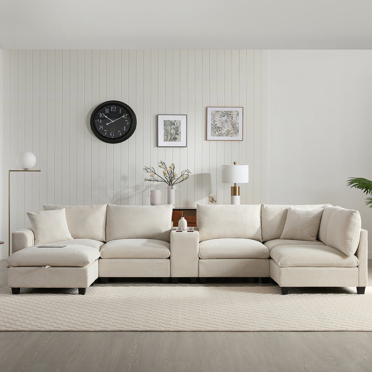 variant-group:rf-n723s1166a|Roomfitters 139 Inch U-Shaped Modular Sectional Sofa with Storage Console, Cup Holders and USB Ports for Living Room, Beige
