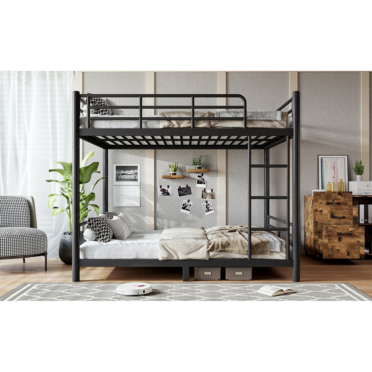 variant-group:rf-w1580s00607|Roomfitters Queen over Queen Metal Bunk Bed Frame for Teens Adults, Convertible 2 Separate Beds Round Tube, Black