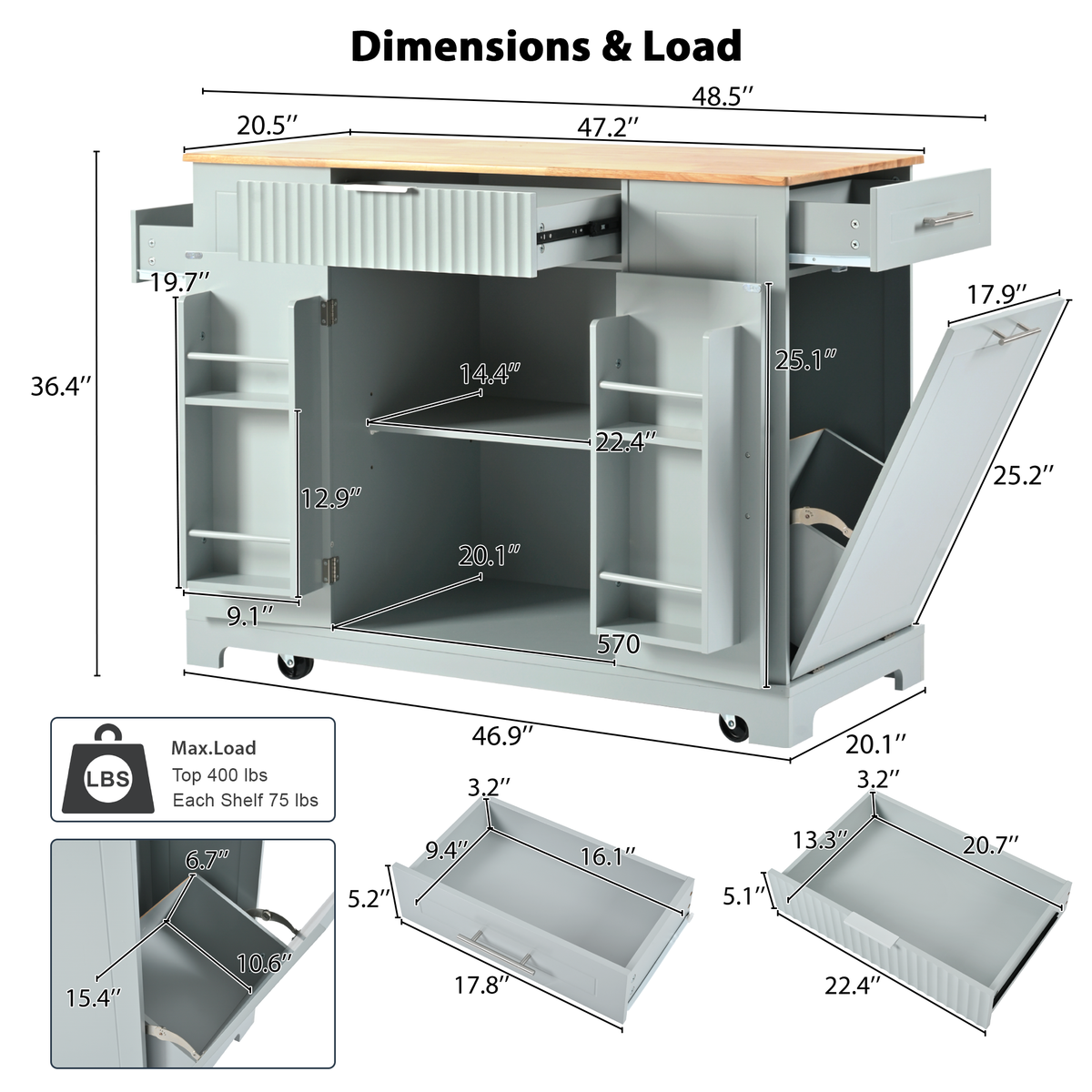 variant-group:rf-n707p221571g|Roomfitters Fluted Kitchen Island with Trash Can Cabinet, Power Outlet, Storage Rack, Rolling Cart with Open Side Racks, Grey Blue