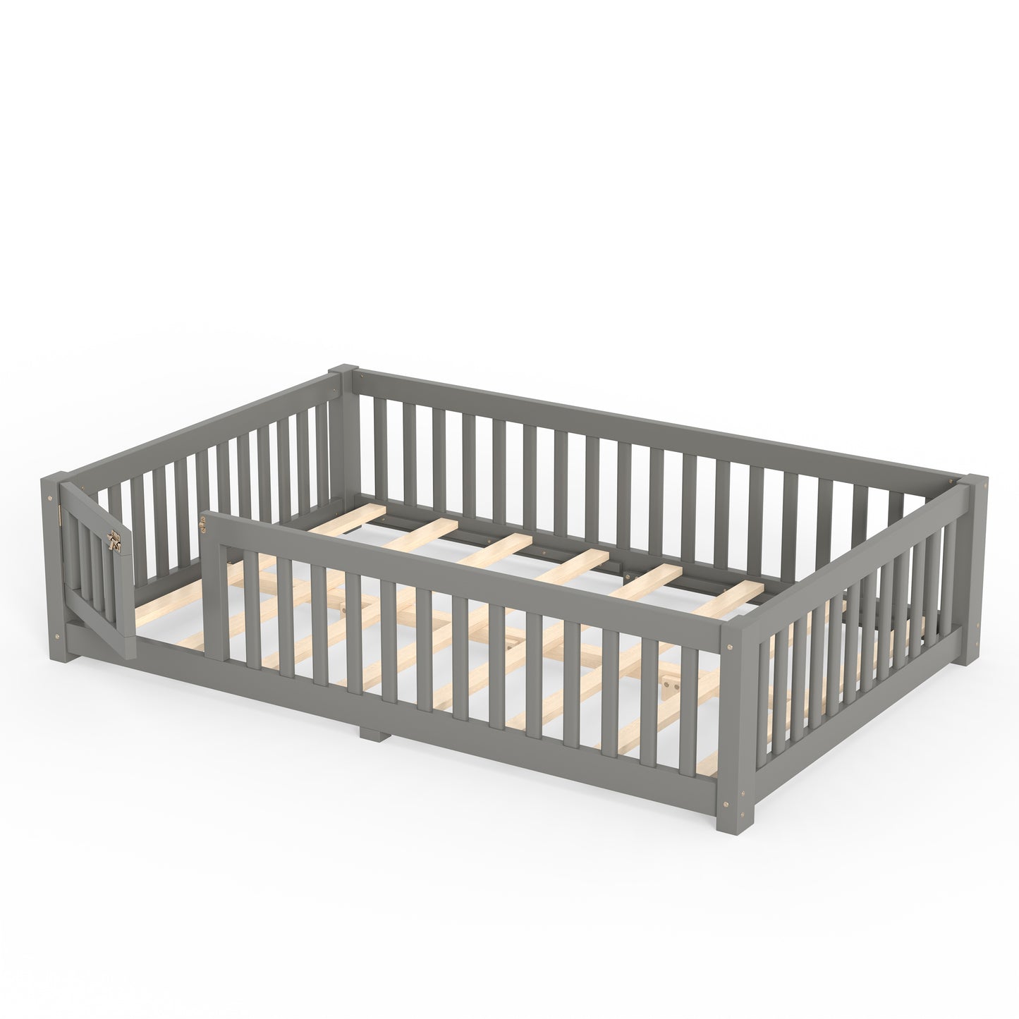 variant-group:rf-w1580p462318|Roomfitters Full Size Wooden Floor Bed Frame with Safety Guardrails Door, Solid Wood Low Profile Toddler Play Bed, Gray