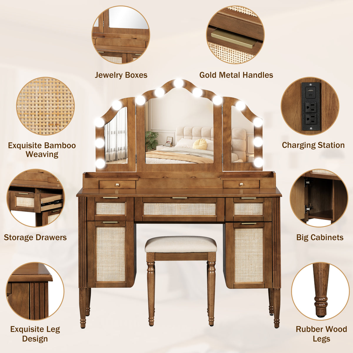 variant-group:rf-n704p342558p|Roomfitters 44-Inch Bohemian Makeup Vanity Desk with 13 Hollywood Bulbs Tri-Fold Mirror and Bamboo Drawers Espresso