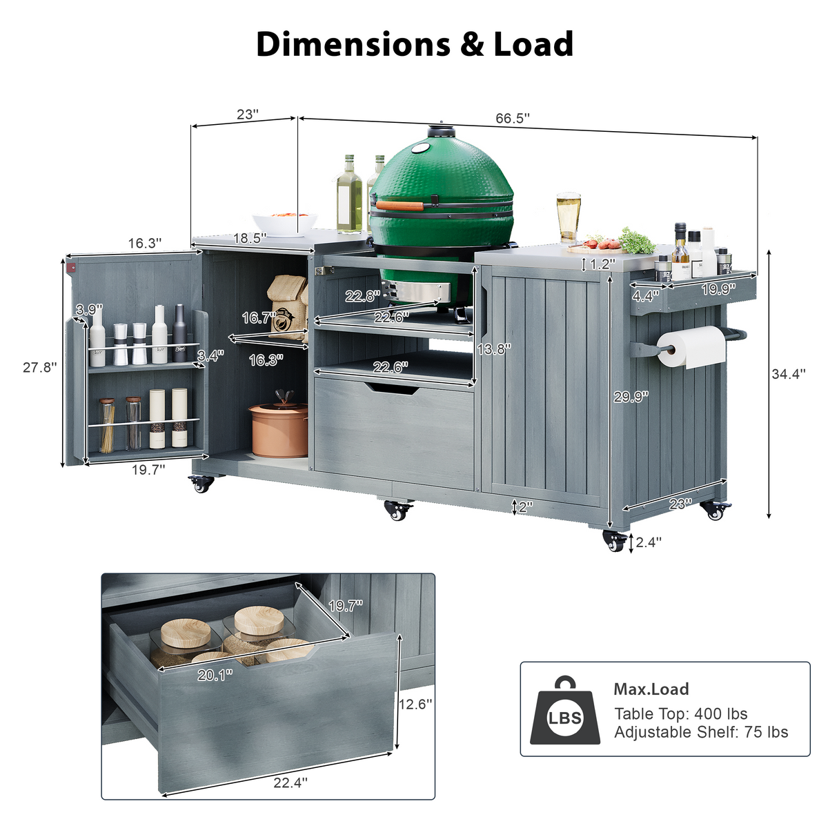 variant-group:rf-n707p250629g|Roomfitters 66.5" Outdoor Kitchen Island for Big Kamado Grills, Wood Grill Cart with Stainless Steel Top, Storage, Grey Blue