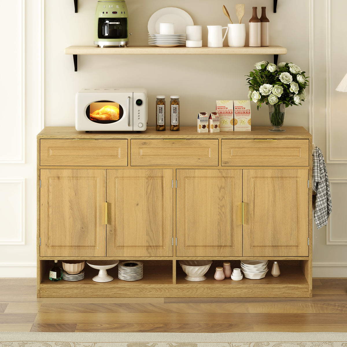 variant-group:rf-n711p345213o|Roomfitters 59.1" Farmhouse Sideboard Buffet Cabinet with 3 Drawers and 4 Doors, Kitchen Storage with Open Shelf, Natural