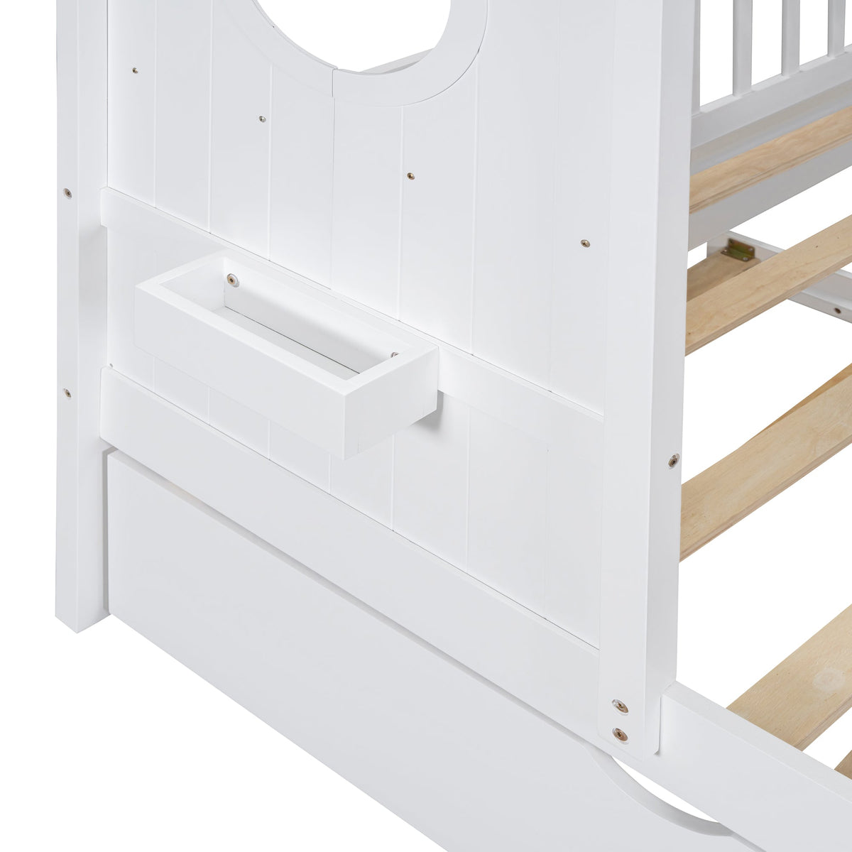 Roomfitters Wooden Twin Size House Bed with Trundle and Storage Shelf, White