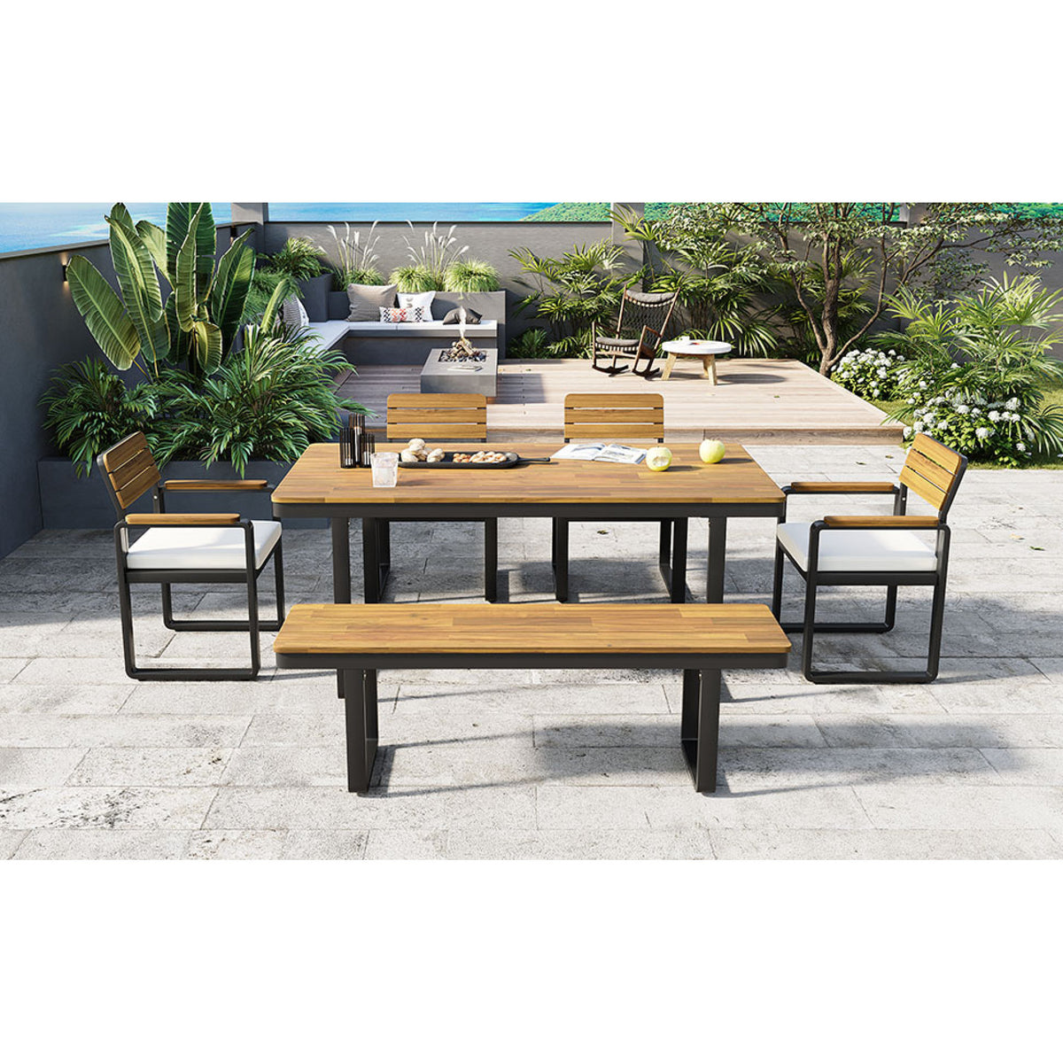 variant-group:rf-n704g201255a|Roomfitters 6-Piece Solid Acacia Wood Patio Dining Set with Steel Frames and Cushion Chairs Beige