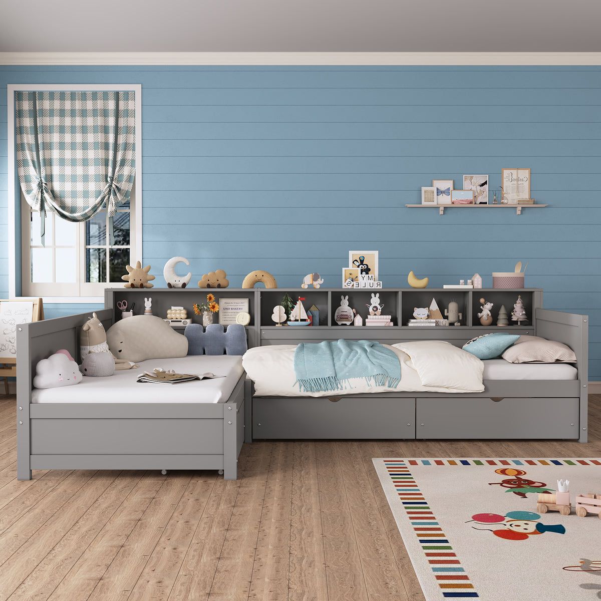 variant-group:rf-n733s369272e|Roomfitters Twin L-Shaped Daybed for 2 with 3 Storage Drawers, Wooden Corner Bed Frame with Bookshelf for Bedroom, Gray