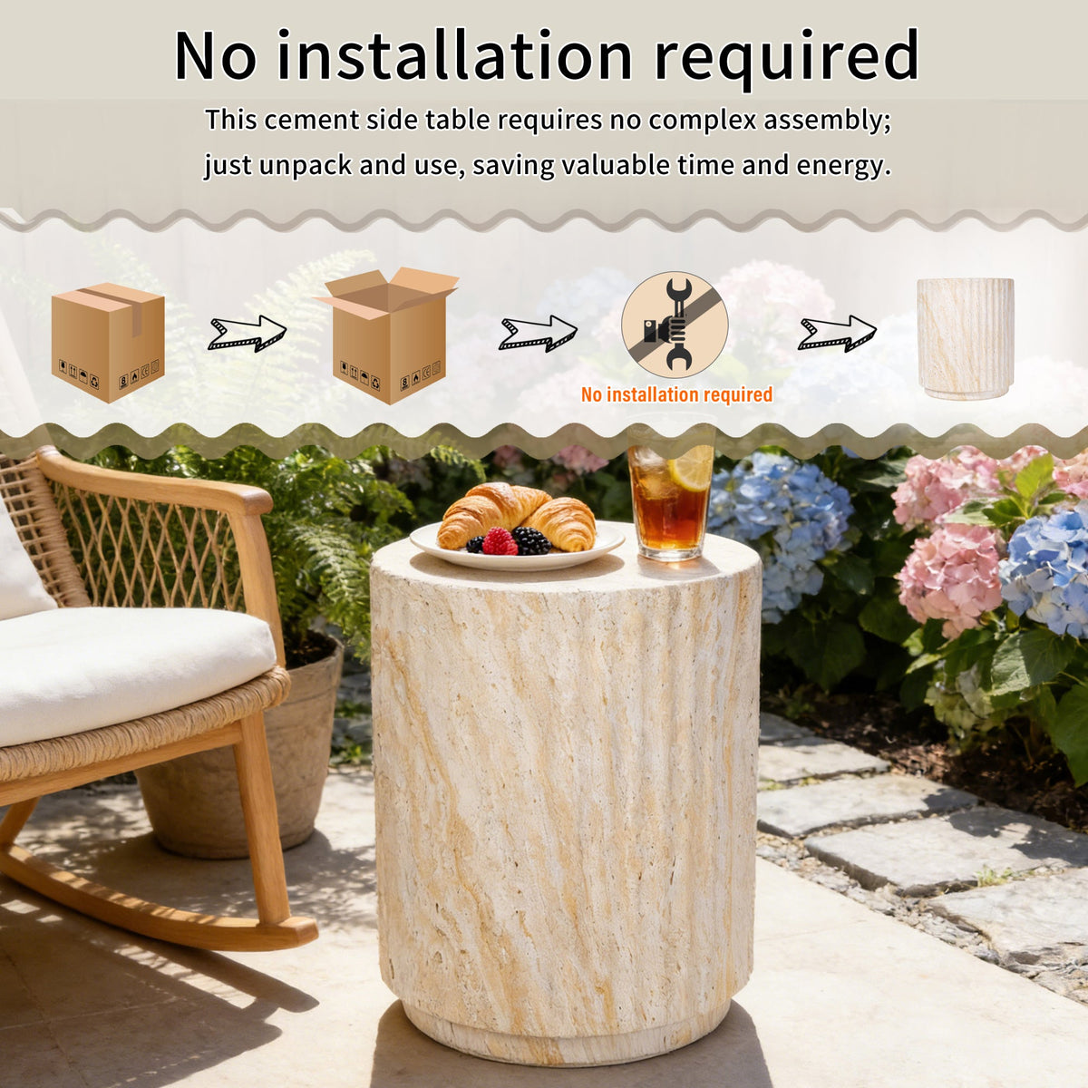 Roomfitters Modern Cylinder Wave Outdoor Side Table, Round Plant Stand, Beige MgO Patio End Table, Ripple Design Roomfitters