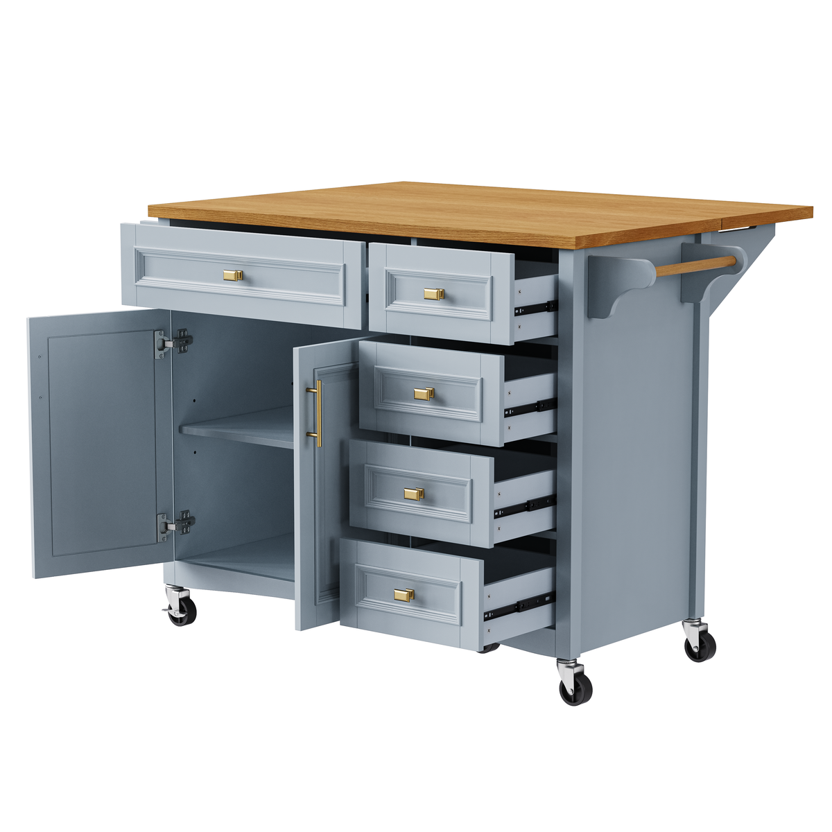 variant-group:rf-n707p195393g|Roomfitters 52" Kitchen Island with Drop Leaf, Rolling Kitchen Cart with Storage Cabinet, Spice Rack, Towel Rack, Adjustable Shelf, Blue Grey