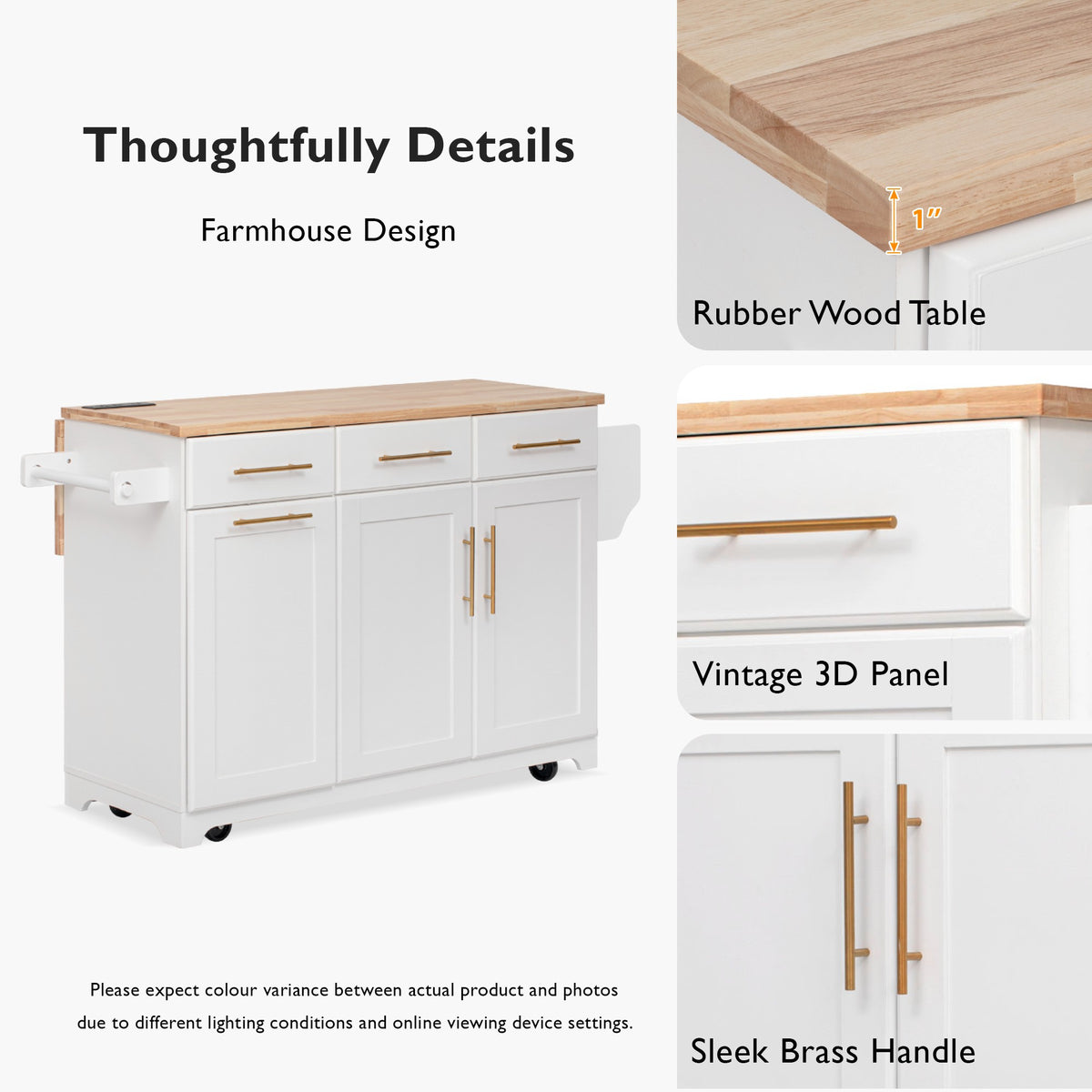 variant-group:rf-n707s299014w|Roomfitters 59.3" Kitchen Island with Power Outlet, Drop Leaf and Double Trash Can Pull Out, Rolling Cart, White