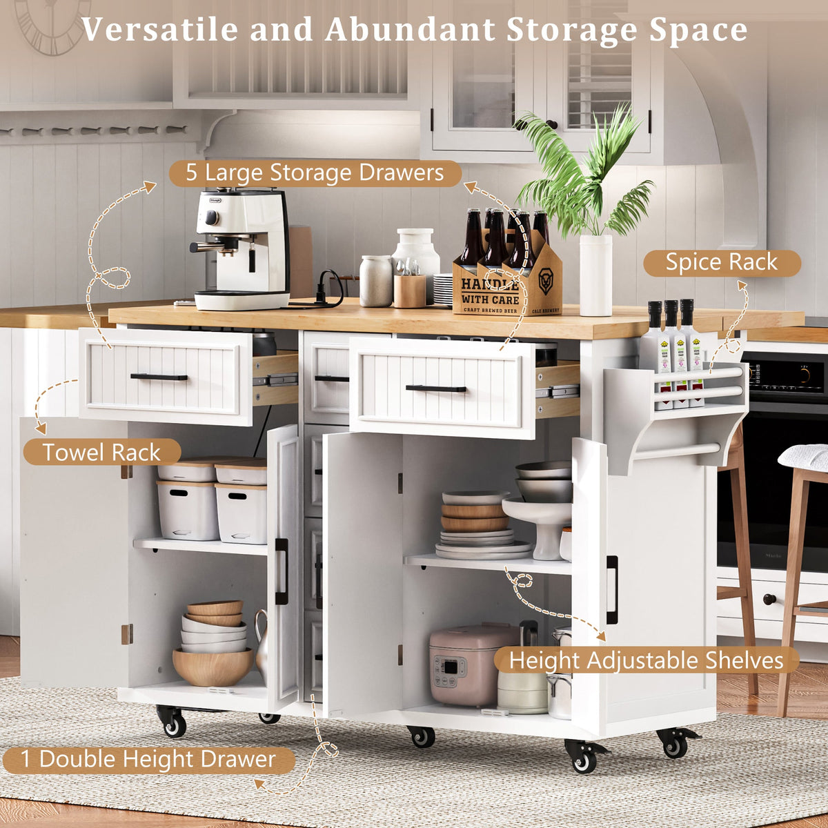 Roomfitters 56.5" Kitchen Island with Drop Leaf, Rolling Kitchen Cart with 5 Storage Drawers, Spice Rack & Towel Holder, White