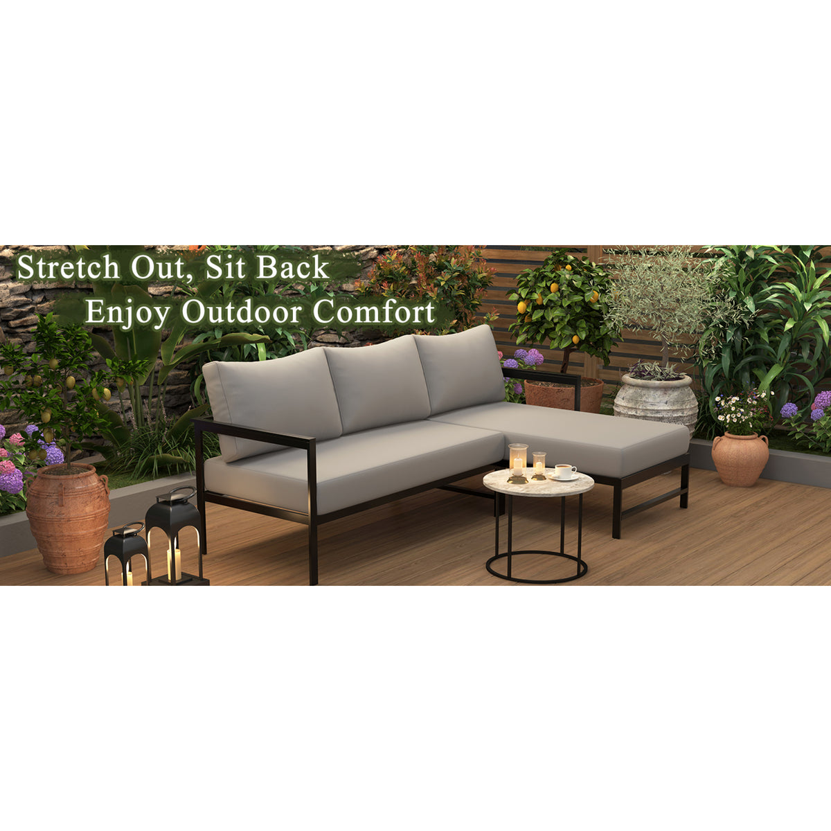 variant-group:rf-n711wy000480aae|Roomfitters Modern L-Shaped Outdoor Sectional Sofa, 3-Seater Patio Conversation Couch, Grey Cushions, Iron Frame Lounge