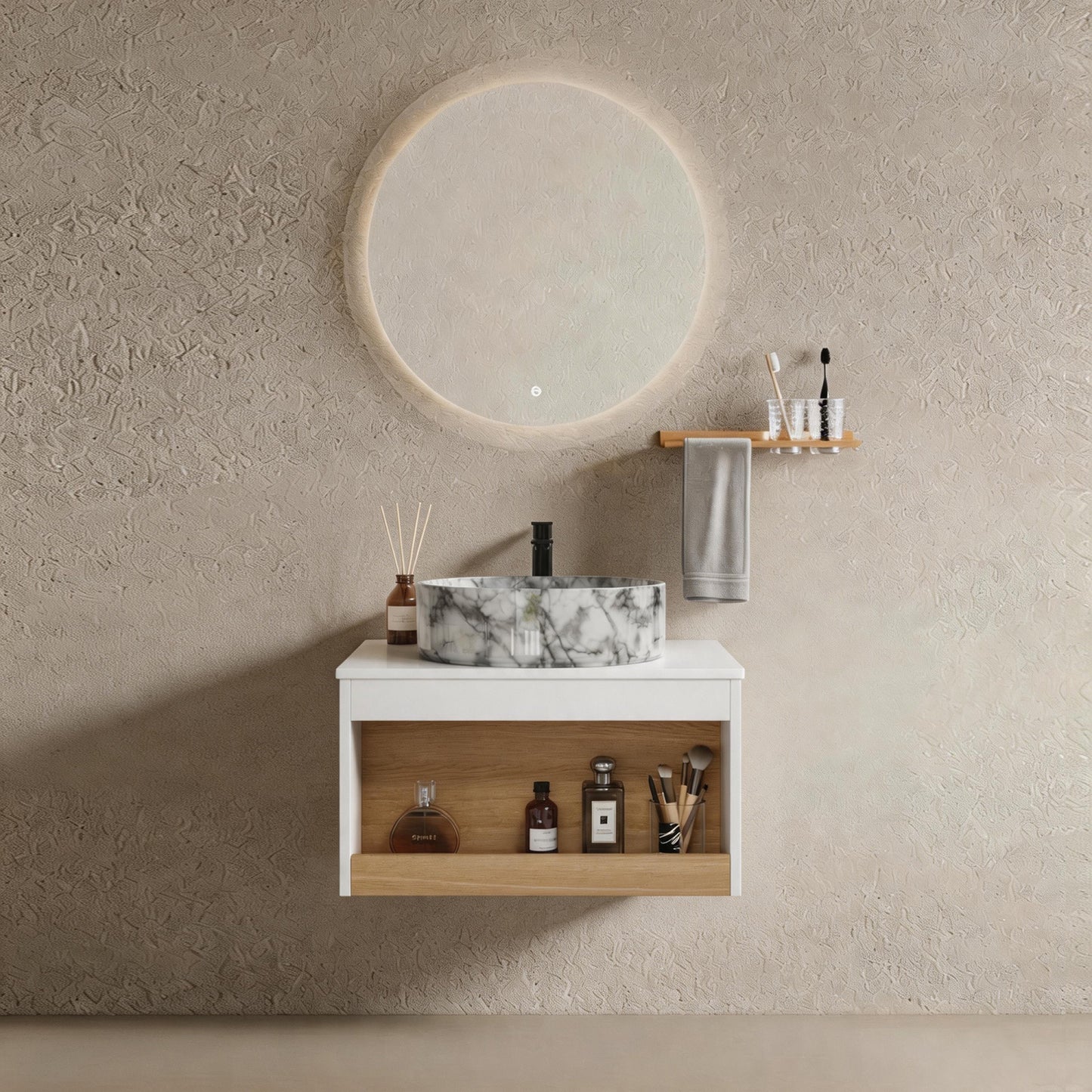 24" Floating Bathroom Vanity with Gray Vein Marble Vessel Sink, Wall-Mounted Vanity with Open Shelf Storage, White Finish with Wood Accent, Space-Saving Modern Design (Ships in 2 Boxes)
