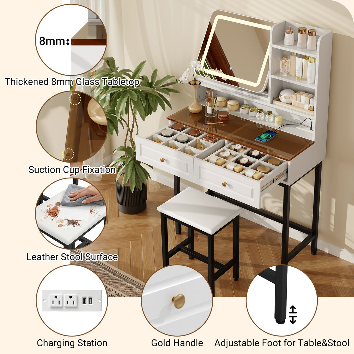 Roomfitters Makeup Vanity with LED Lighted Mirror, Glass Top, Charging Station and Storage Hutch, Vanity Table Set, Black+White Roomfitters