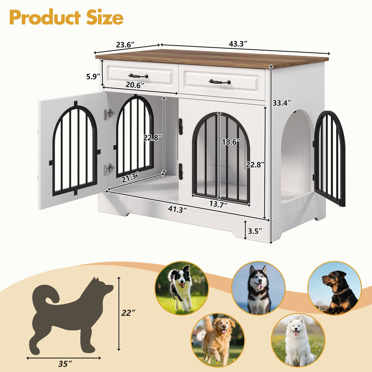 Roomfitters 43-Inch Heavy Duty Indoor Dog Crate Furniture End Table with Escape Proof Arched Doors White Brown Roomfitters