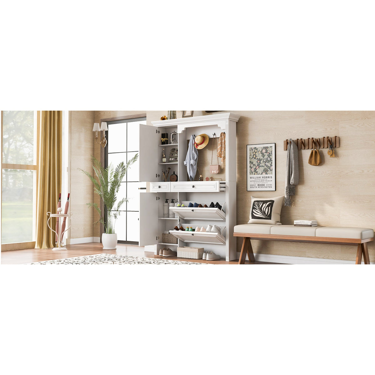 Roomfitters Hall Tree with Shoe Cabinet and Mirrored Door, 4 Hooks and Bench Storage Organizer, White Roomfitters