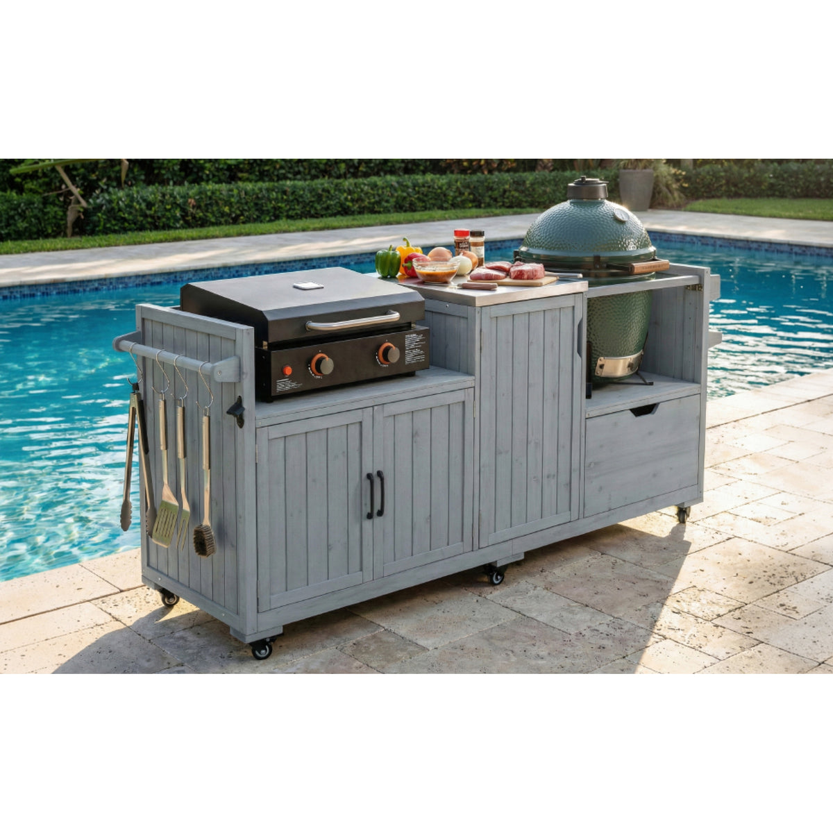 variant-group:rf-n707p392140g|Roomfitters 80.5" Extra Large Grill Cart, Outdoor Kitchen Prep Station with Stainless Steel Top & Kamado Grill Stand, Grey+Blue