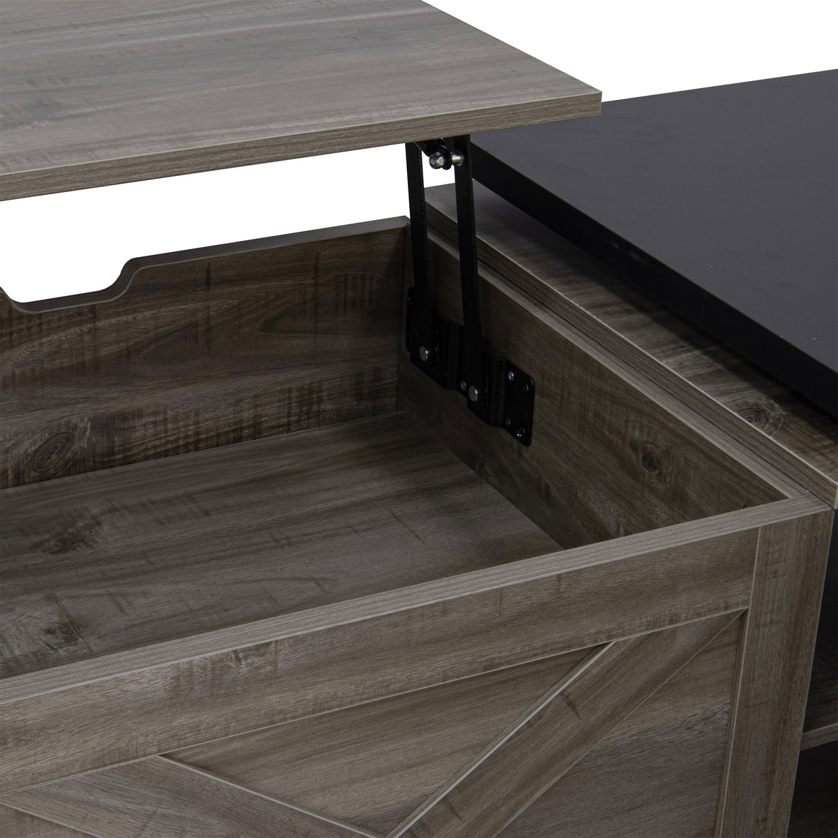 variant-group:rf-n724p351732e|Roomfitters Farmhouse Lift Top Coffee Table with Barn Doors and Outlets, Brown & Black
