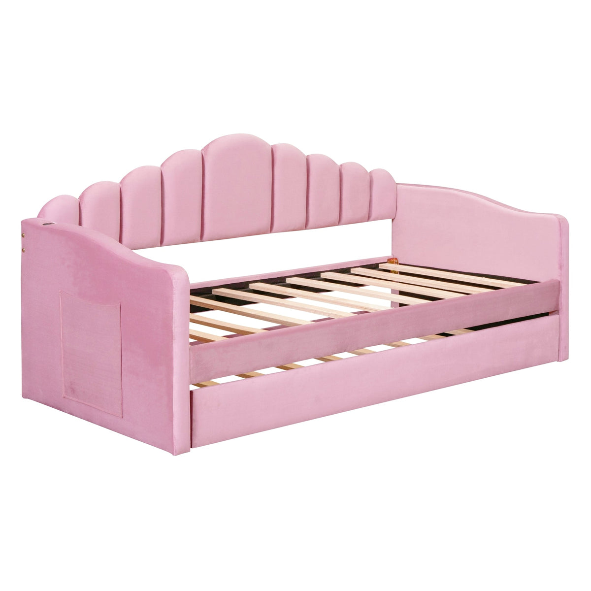Roomfitters Twin Upholstered Daybed with Trundle, Velvet Sofa Bed with USB Charging Ports, No Box Spring, Pink