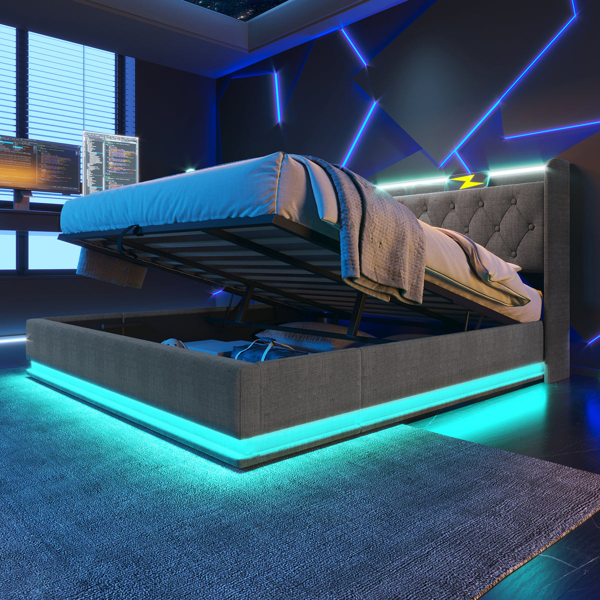 variant-group:rf-n736p188808g|Roomfitters King Size Upholstered Storage Bed with USB Type-C Charging and Remote Control, Linen Gray