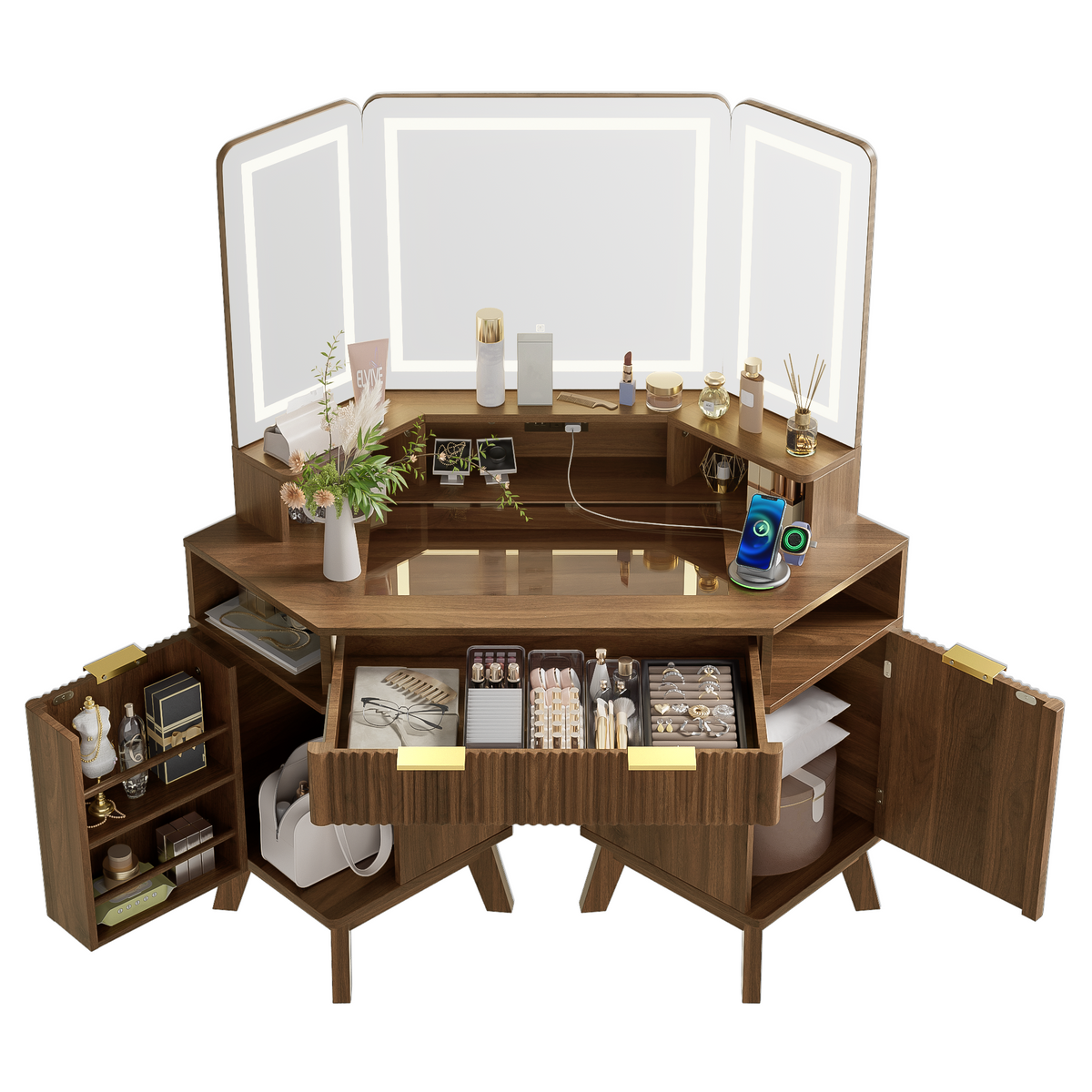 variant-group:rf-n704p392485p|Roomfitters 47.2" Corner Makeup Vanity Desk with 3-Panel LED Mirror, Glass Top, Charging Station and Storage Hutch, Walnut