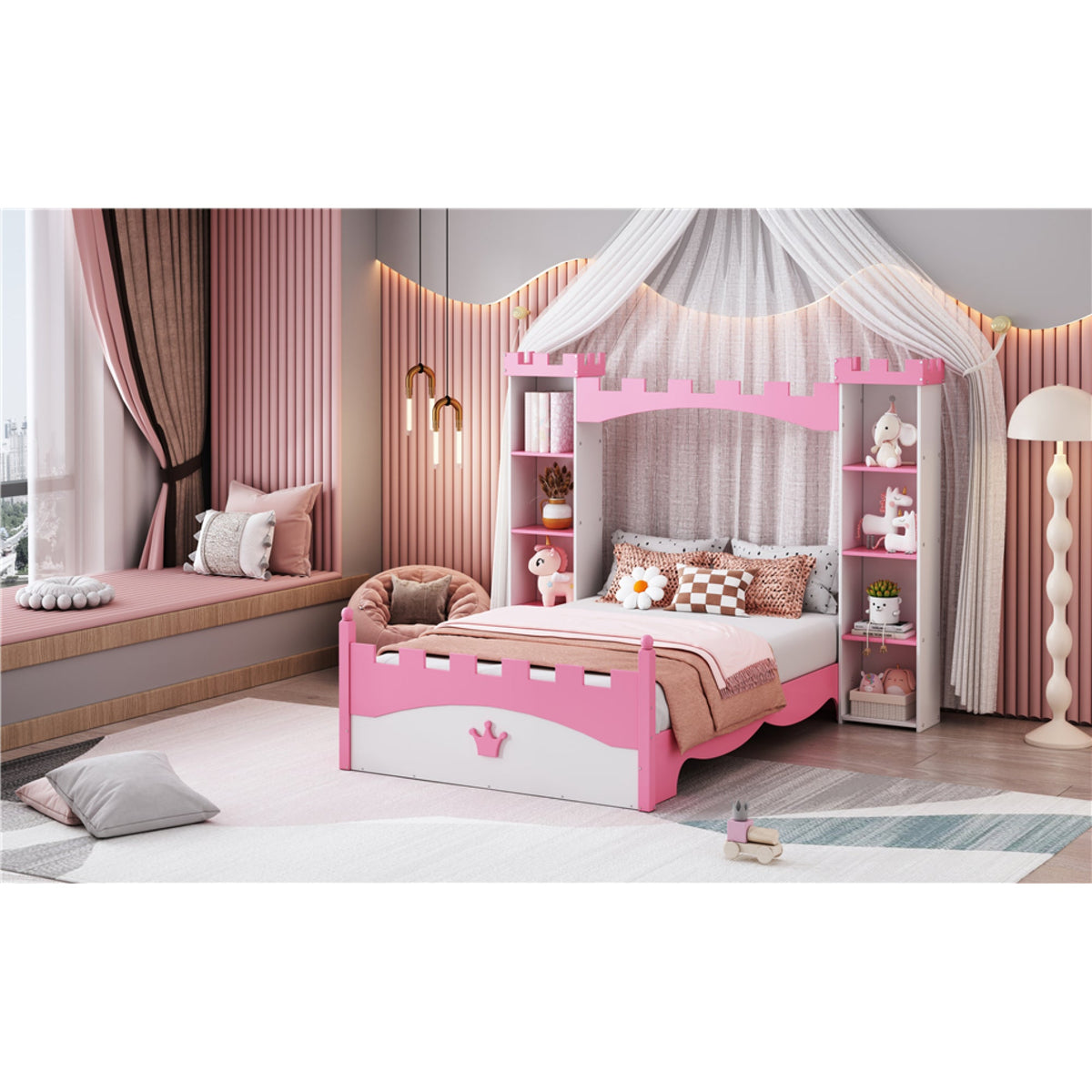 Roomfitters Castle-Shaped Wooden Bed with Storage Shelf, Dreamy Twin Size Platform Bed with Charming Aesthetic, White+Pink