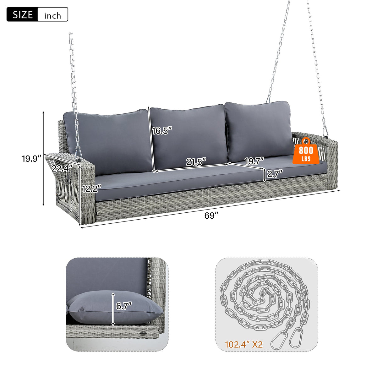Roomfitters 69" PE Wicker 3-Person Porch Swing, Large Patio Swing Bench with Chains & Cushions, Backyard & Garden, Gray Roomfitters