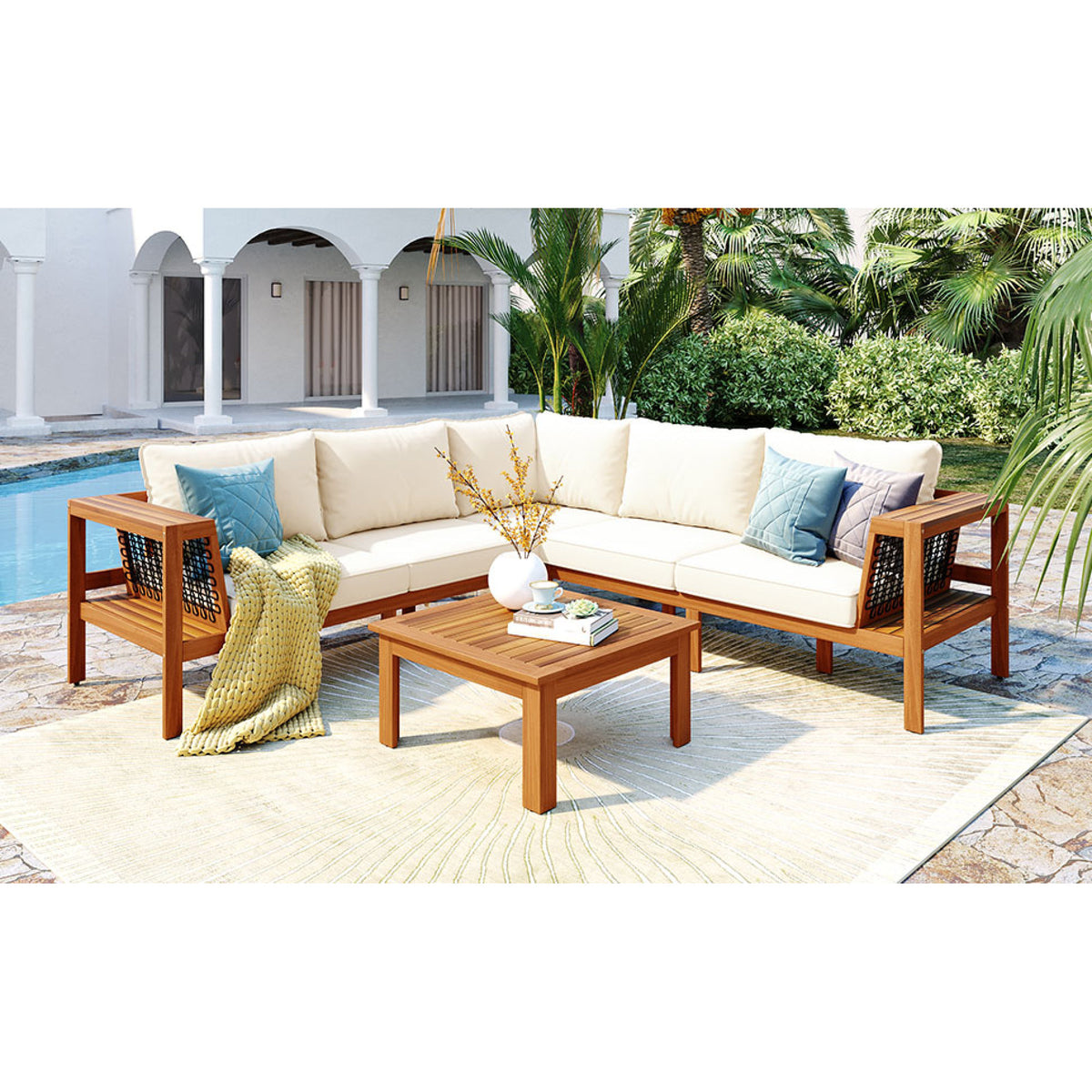 variant-group:rf-n704f201249n|Roomfitters 4-Piece Outdoor Sectional Sofa Set with Coffee Table and Built-in Side Shelves, Wood Frame, Beige+Teak