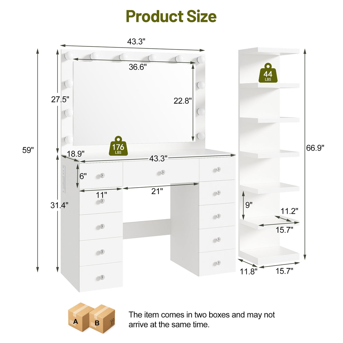 Roomfitters White Makeup Vanity Desk with 11 Hollywood LED Bulbs 7-Tier Side Storage Display Shelves and 11 Drawers Roomfitters