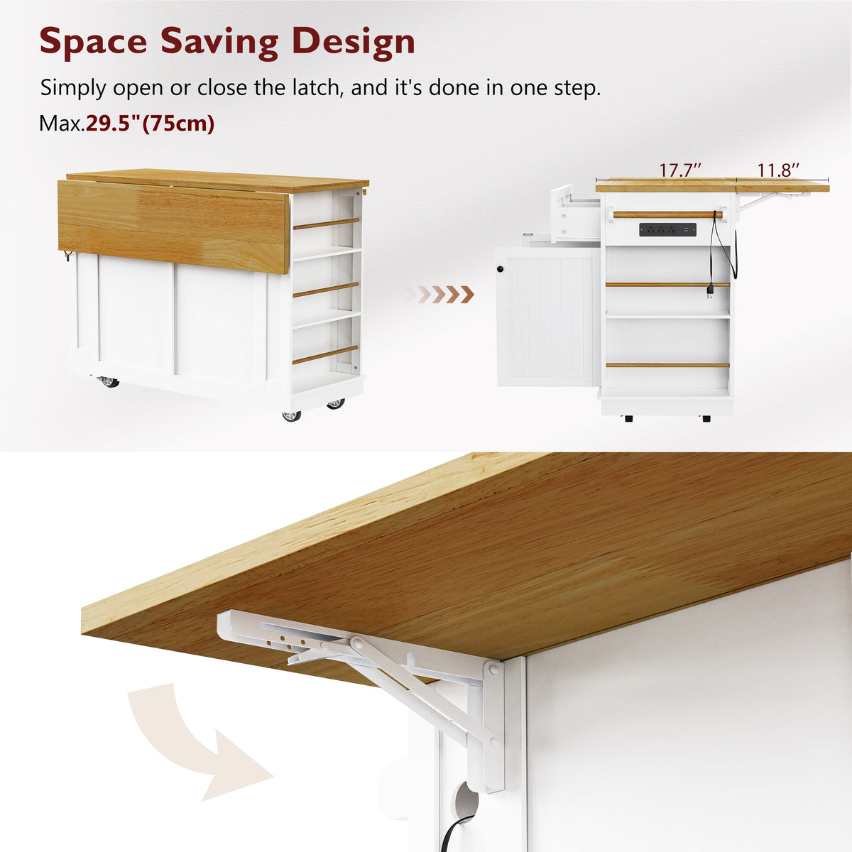 variant-group:rf-n707s257057w|Roomfitters 48" Kitchen Island with Power Outlet and Drop Leaf, Rolling Storage Cabinet with Wood Top and Spice Rack, White