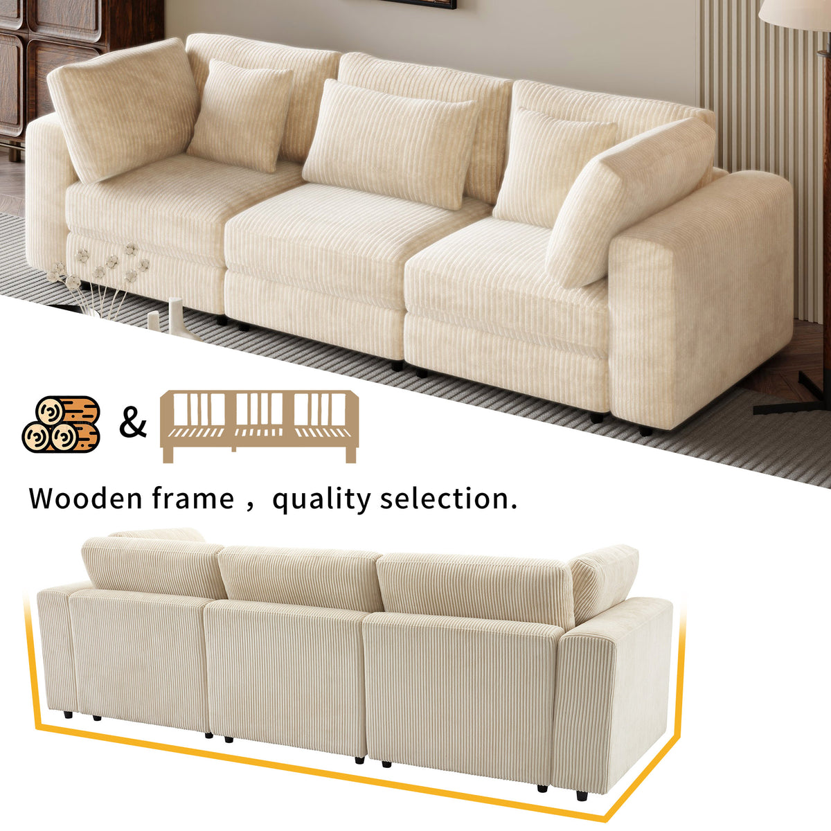 variant-group:rf-n711wy000403aaa|Roomfitters 105'' 3-Seater Sofa with Removable Back Cushions and 5 Pillows for Living Room, Apartment, Spacious Space, Beige