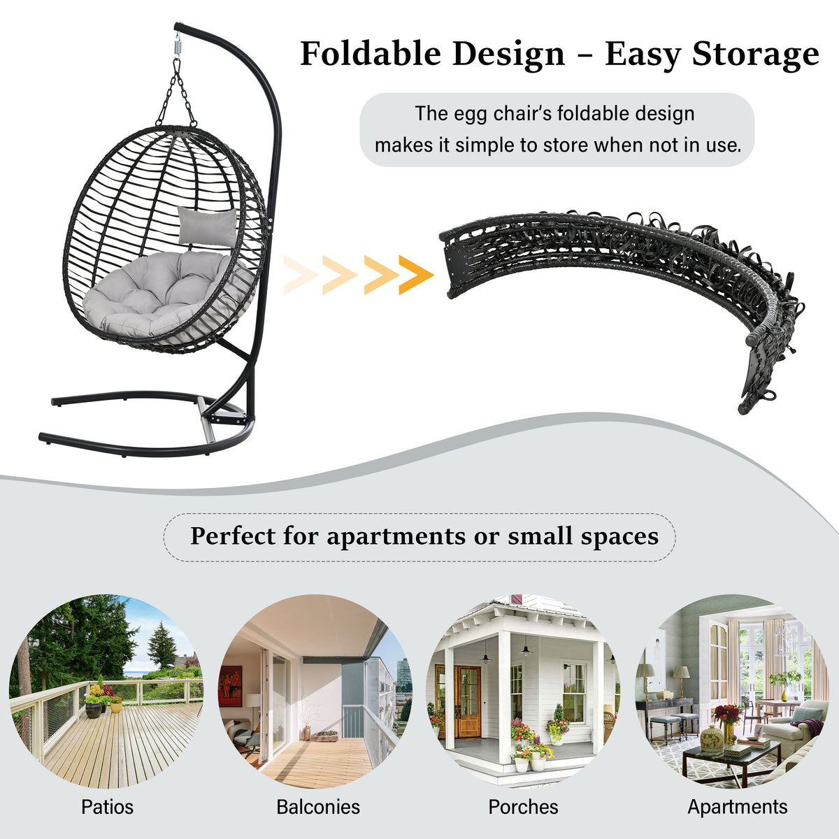 variant-group:rf-n711p389503e|Roomfitters Single Person Folding Egg Chair with Stand, UV Resistant Wicker Rattan Swing for Patio, Garden, Black+ Gray