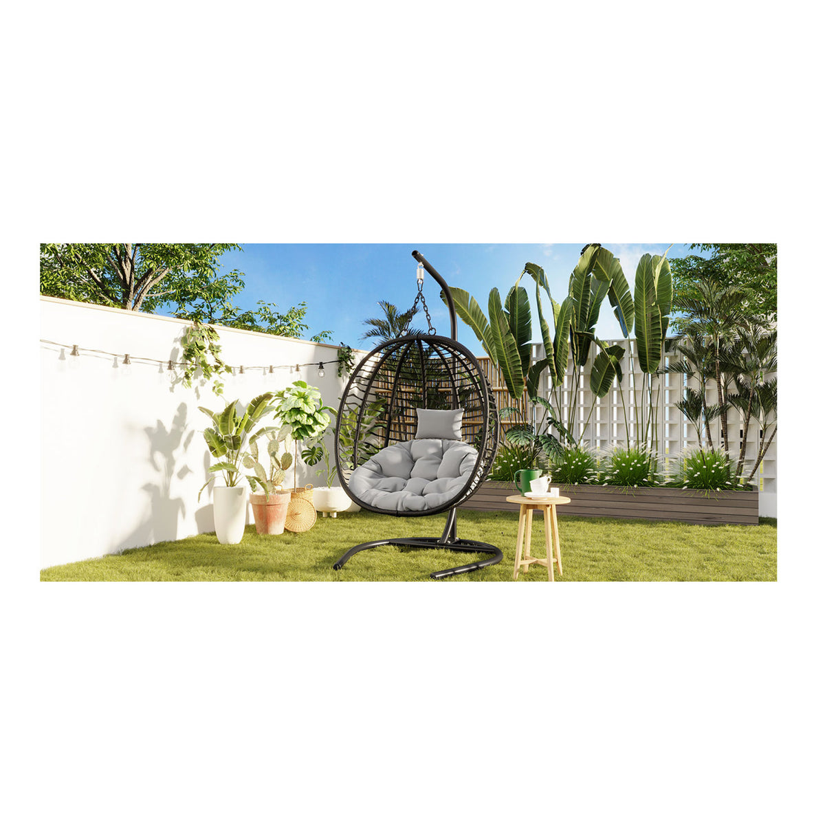 variant-group:rf-n711p389503e|Roomfitters Single Person Folding Egg Chair with Stand, UV Resistant Wicker Rattan Swing for Patio, Garden, Black+ Gray