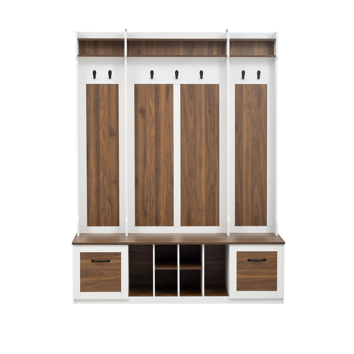 variant-group:rf-n724p235232d|Roomfitters 5-in-1 Entryway Bench with Coat Rack, Hooks, Drawers and Adjustable Shelves, Hall Tree for Hallway or Living Room, Brown+White