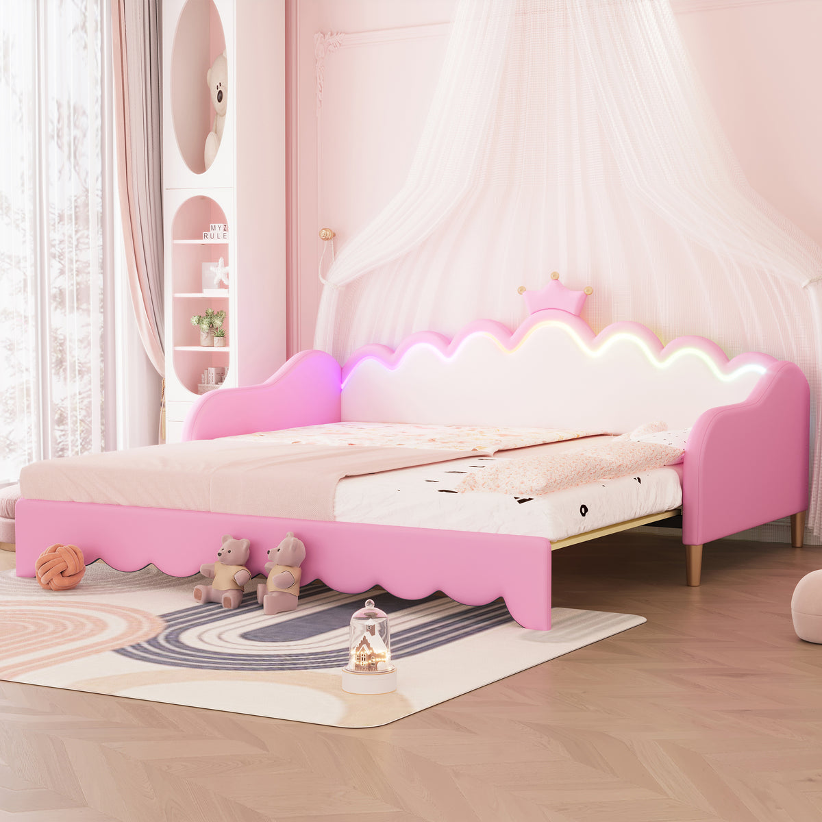 variant-group:rf-n733hl000104aah|Roomfitters Twin Extending Daybed with Lights, Modern Upholstered Princess Daybed Featuring Crown Headboard, Elegant and Practical Design, Pink
