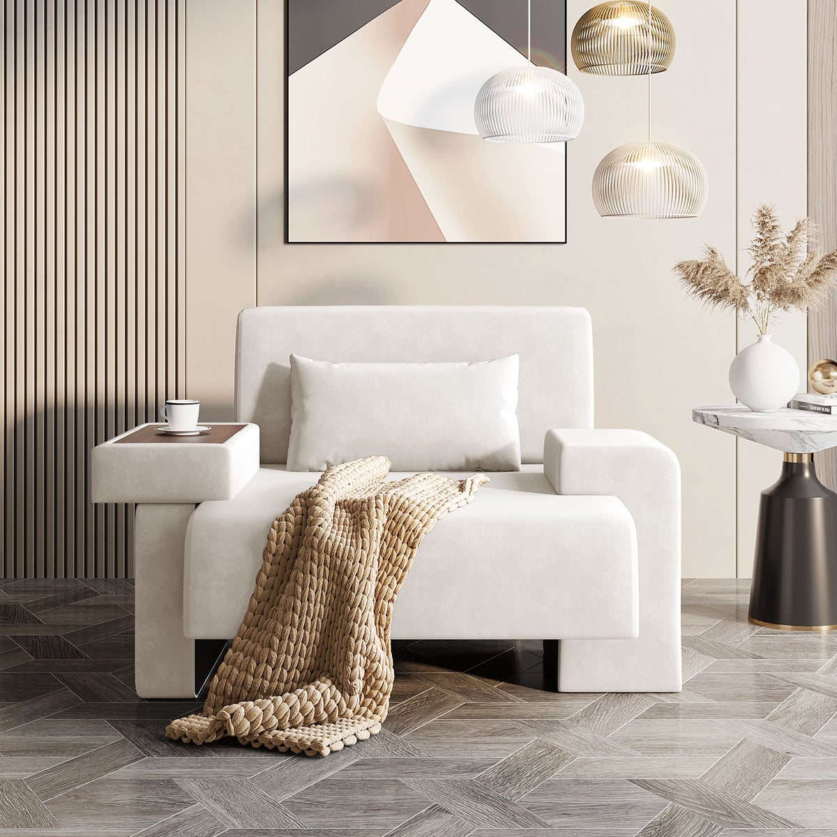 variant-group:rf-n724sj000130aaa|Roomfitters Oversized Mid-Century Armchair 48” Wide with Soft Cushion and Wood Frame, Lounge Reading Chair, Beige
