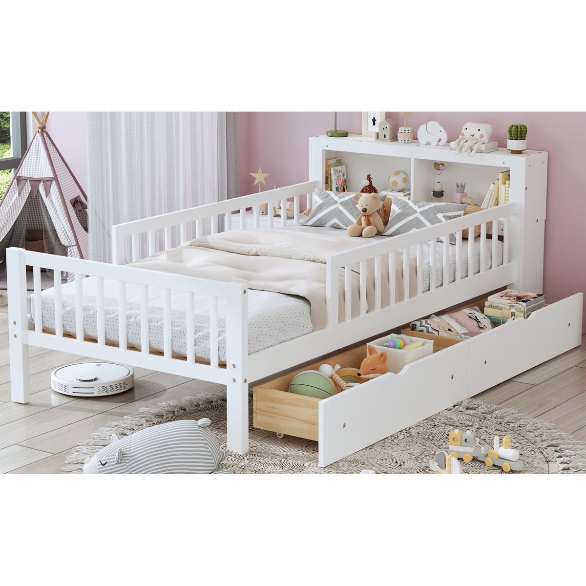 variant-group:rf-n733p272374k|Roomfitters Twin Bed with Headboard Storage Rack, Under-Bed Storage and Three-Side Guardrails, White