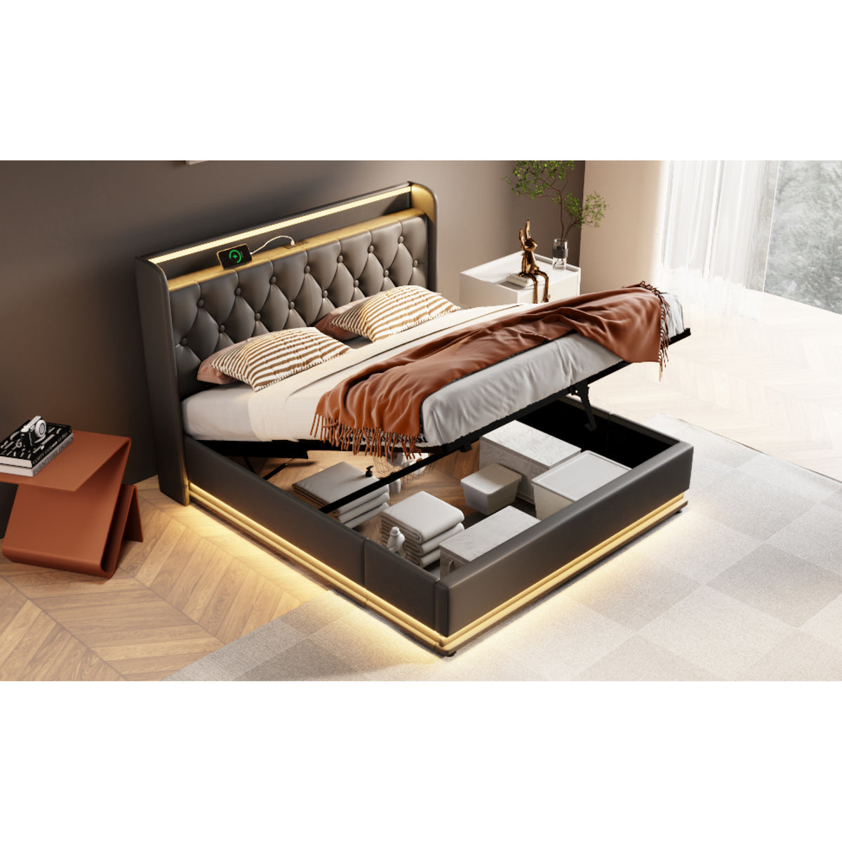 variant-group:rf-n736p188807b|Roomfitters Queen Size Upholstered Storage Bed with USB Type-C Charging and Remote Control, Faux Leather Black