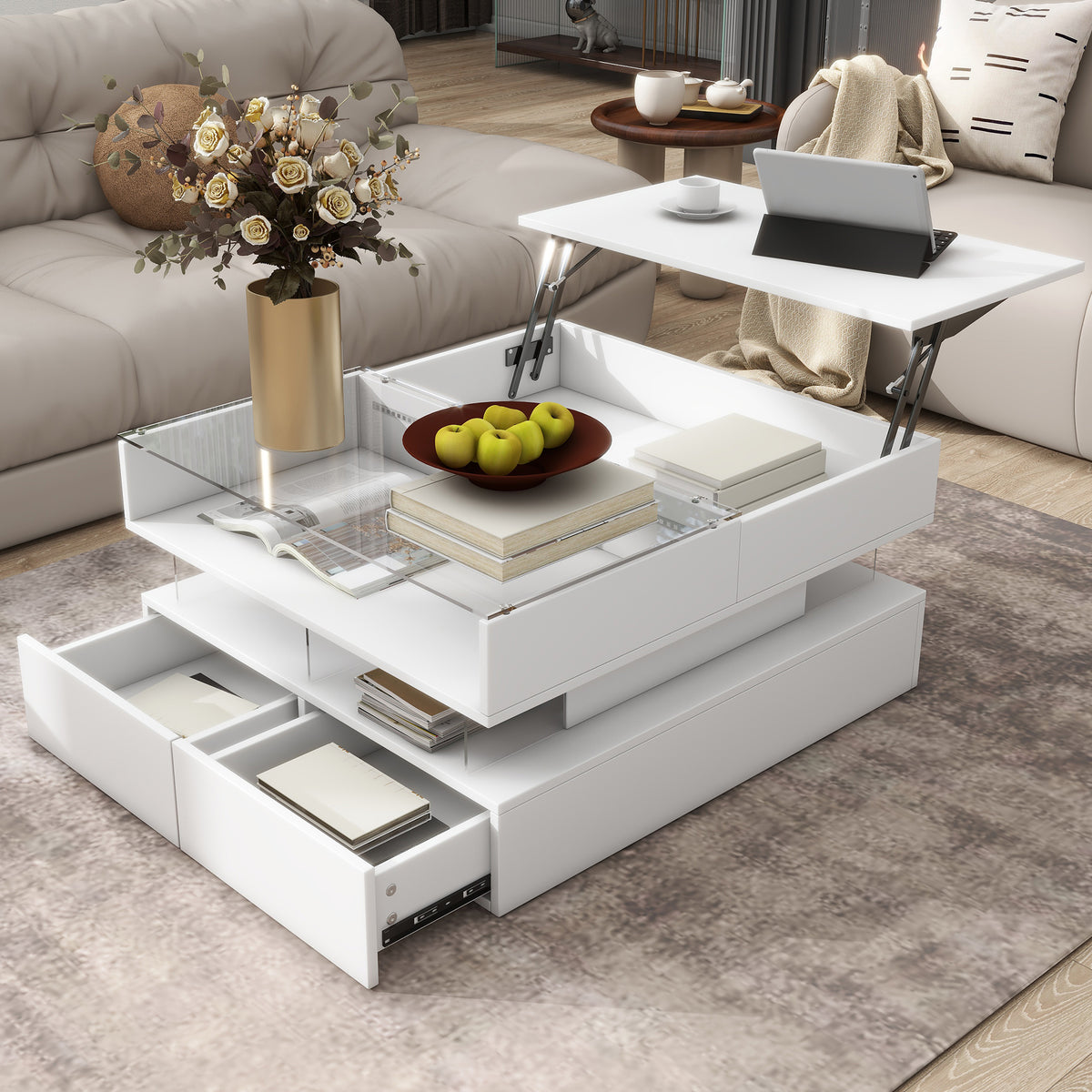 variant-group:rf-n724p290043k|Roomfitters Lift-Top Square Coffee Table with Glass Surface, Hidden Storage, High Gloss Finish, White