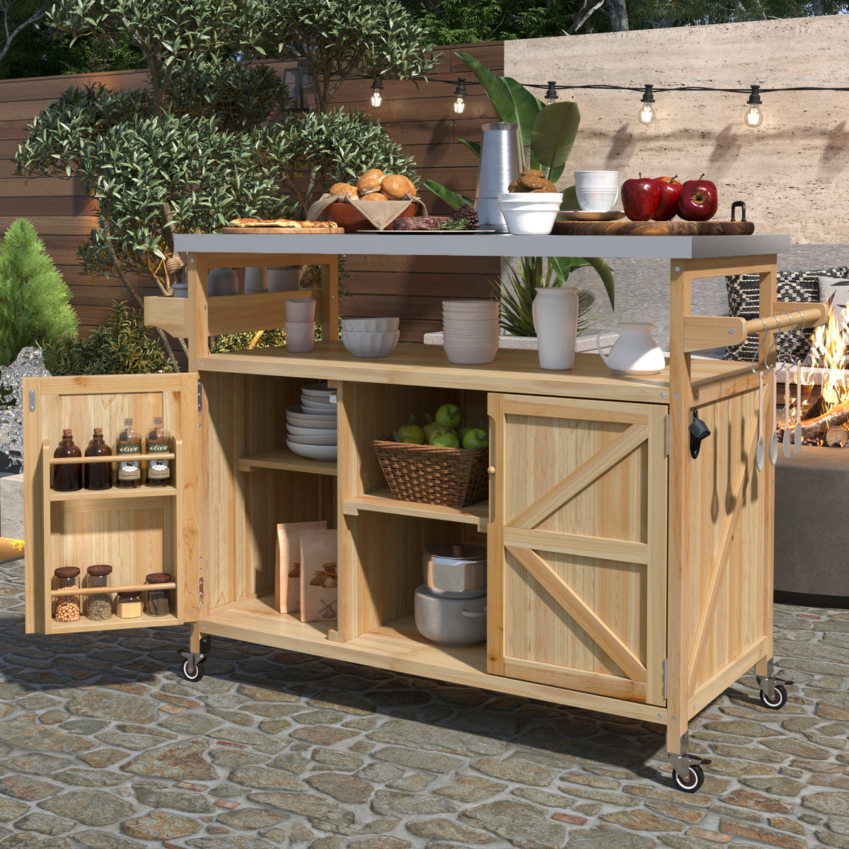 variant-group:rf-n707wf532198aay|Roomfitters Outdoor Kitchen Island Rolling Bar Cart & Storage Cabinet, Farmhouse Solid Wood Outdoor Grill Table with Stainless Steel Top, Spice Rack, Towel Rack for Kitchen & Barbecue, Natural