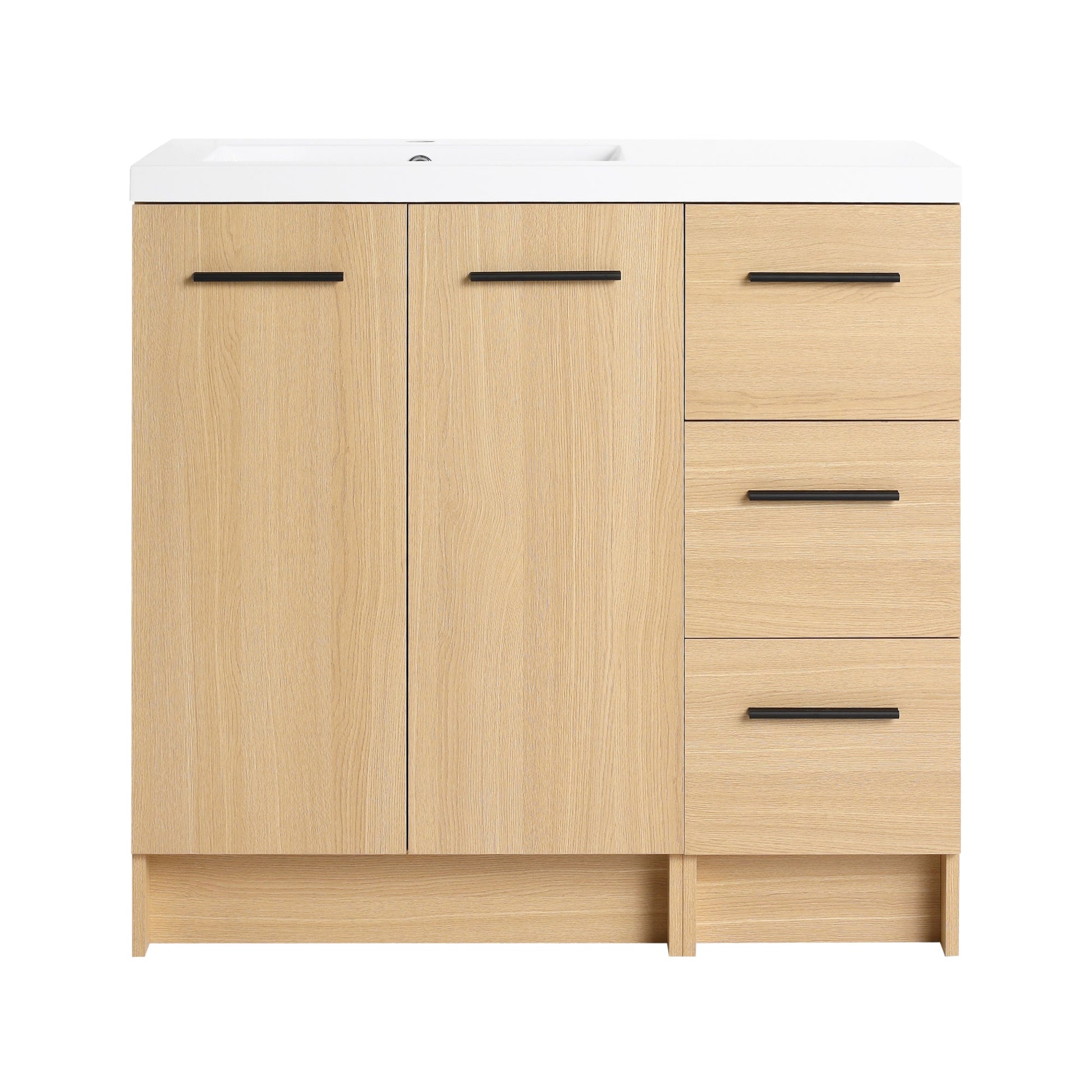 36" Modular Freestanding Bathroom Vanity with 36" Resin Sink Top, Light Oak, 2-Piece Cabinet (24" 2-Door + 12" 3-Drawer), KD Cabinet, Includes Black & Brushed Aluminum Handles Roomfitters