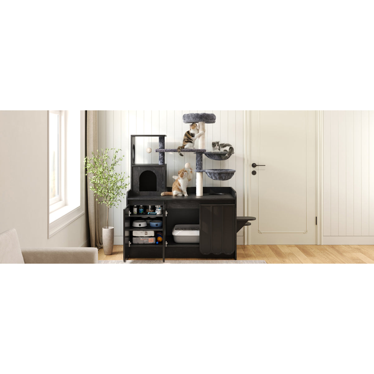 variant-group:rf-n704p443505b|Roomfitters All-in-One Modern Multi-Level Cat Tree Tower Condo with Hidden Litter Box Enclosure Space Black