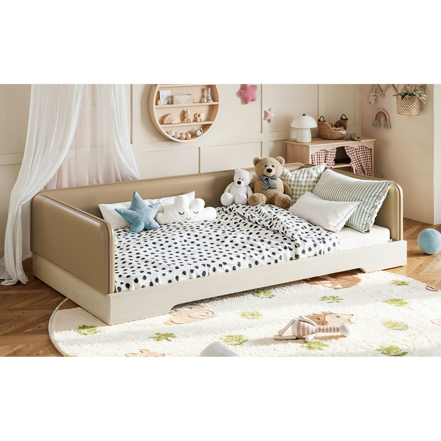 variant-group:rf-w1580p493126|Roomfitters Twin Size Upholstered Floor Bed Frame with Removable Guardrails, Faux Leather Low Profile Platform, Brown