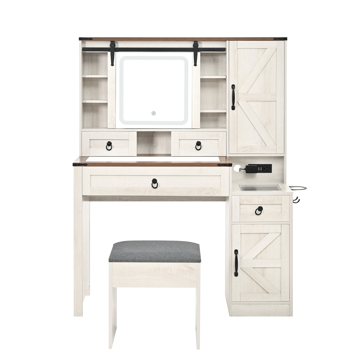 variant-group:rf-n733p340562k|Roomfitters Farmhouse Vanity Desk with Sliding Mirror & Lights, Glass Top, Charging Station, 4 Drawers, 2 Cabinets, Stool, White