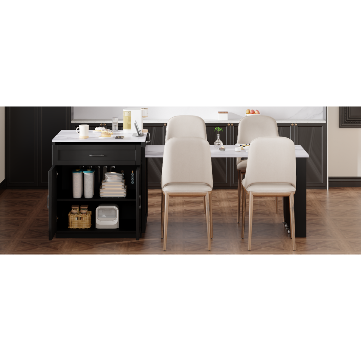 variant-group:rf-n707s000010b|Roomfitters 82.7" Kitchen Island with Extendable Table, Faux Marble Top, Double Storage, Power Outlet, Black