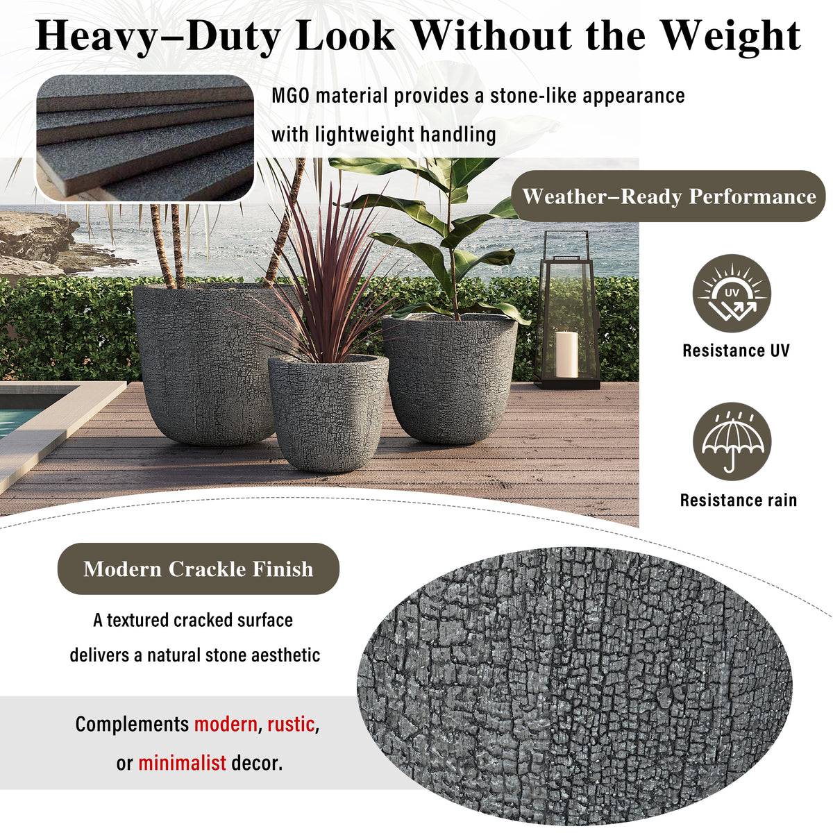 variant-group:rf-n711p406660e|Roomfitters Lightweight MGO Planter Set of 3, Round Weather Resistant Outdoor Indoor Flower Pots for Garden Patio, Gray