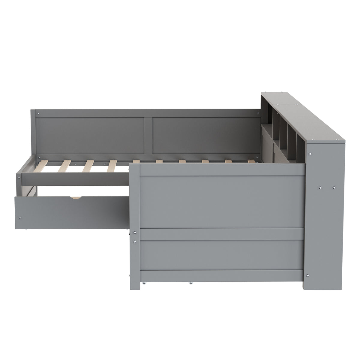 variant-group:rf-n733s369272e|Roomfitters Twin L-Shaped Daybed for 2 with 3 Storage Drawers, Wooden Corner Bed Frame with Bookshelf for Bedroom, Gray