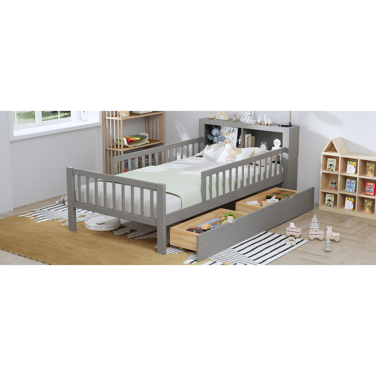 variant-group:rf-n733p272374e|Roomfitters Twin Bed with Headboard Storage Rack, Under-Bed Storage and Three-Side Guardrails, Gray