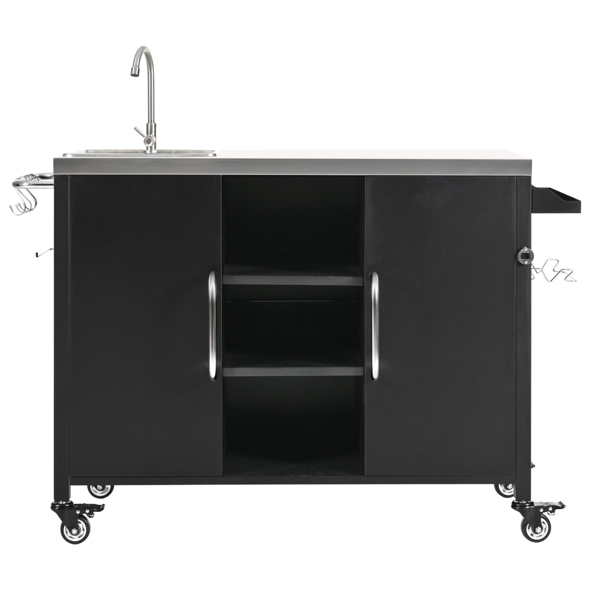 Roomfitters 55.5" Outdoor Kitchen Island with Stainless Steel Sink, Rolling Grill Prep Cart & Storage Cabinet, Black